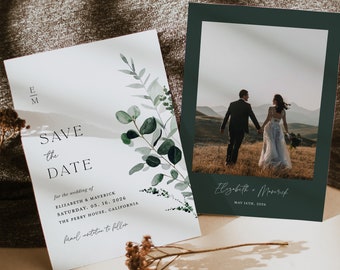 Sage Green Save The Date Template, Minimal Photo Wedding Save The Dates, Printable Greenery Rustic Botanical Save The Date Cards, Download