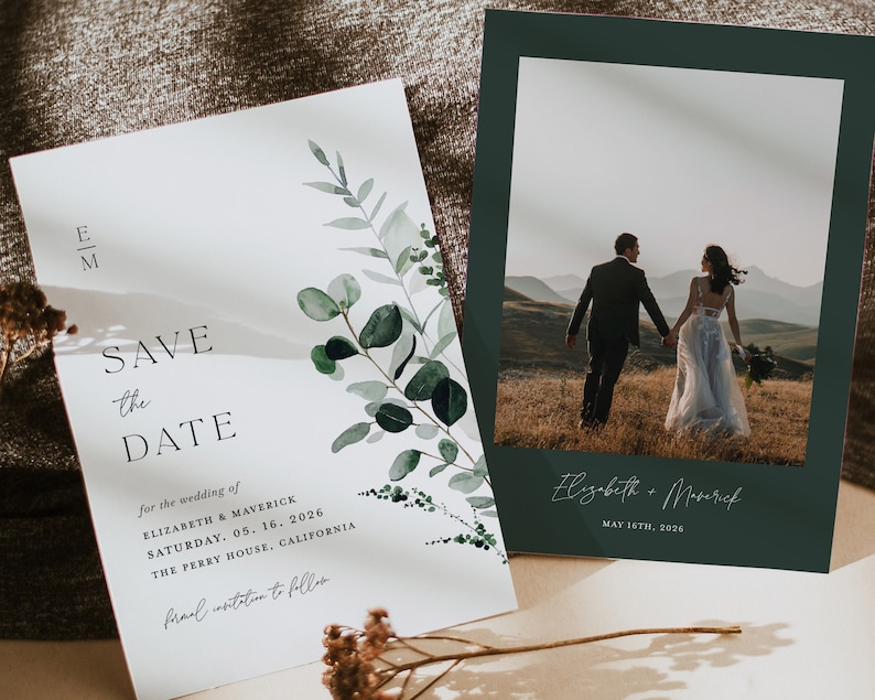 Sage Green Save The Date Template, Minimal Photo Wedding Save The Dates, Printable Greenery Rustic Botanical Save The Date Cards, Download image 1