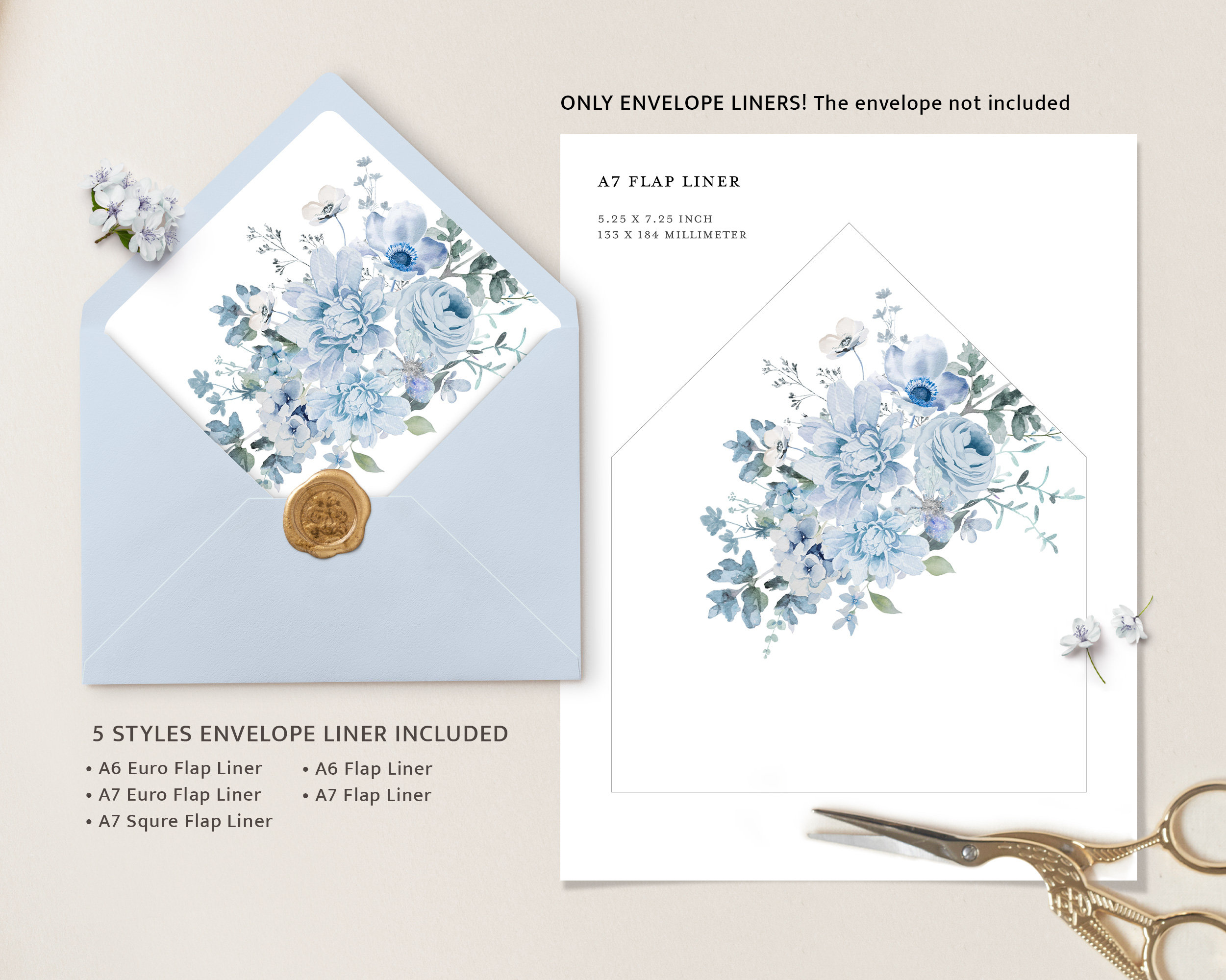 Dusty Blue Envelope Liner Steel Blue Floral A6 and A7 Euro Etsy