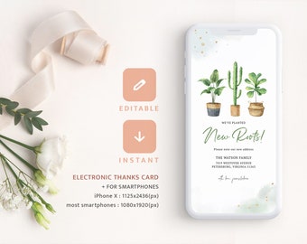 Moving Announcement New Address Electronic Postcard, New Roots Mobile, Greenery We have moved eCard Phone Template