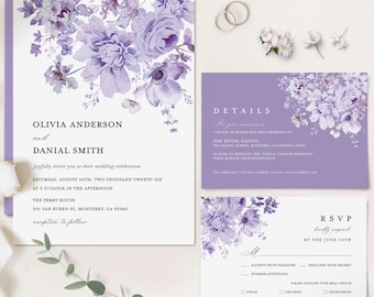 Lavender Wedding Invitation Suite Template, Lilac Invite Set, Purple Floral Boho Details Card, Printable Garden RSVP, Instant Download