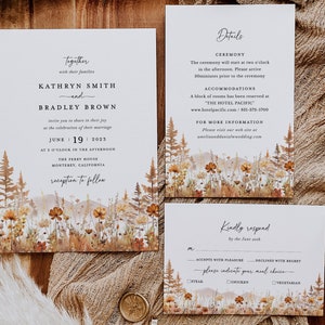 Fall Mountain Wedding Invitation Template Set, Wildflower Terracotta Forest Wedding Invite Suite, Rustic Details Card, RSVP, Download image 3