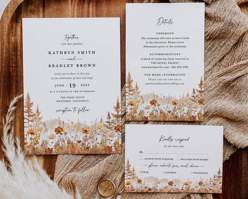 Fall Mountain Wedding Invitation Template Set, Wildflower Terracotta Forest Wedding Invite Suite, Rustic Details Card, RSVP, Download image 3