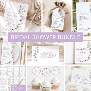 Floral Bridal Shower Invitation Bundle, Printable Lilac Lavender Shower Invitation Games Bundle, Editable Boho Template, Download, Lana
