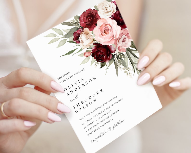Burgundy Wedding Invitation Template, Boho Blush Pink Rose Wedding Invite Suite, Sage Marsala Floral Details Card, Printable RSVP, Download image 8