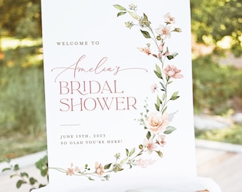 Sjabloon vrijgezellenfeest welkomstbord, Blush roze bloemen Boho bewerkbaar bruidsbrunch teken, minimalistisch welkomstbord, instant download, Leah