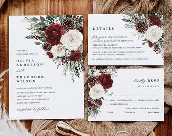 Winter Christmas Wedding Invitation Template Set, Burgundy Floral Wedding Invites Suite, Boho Rustic Forest Pine Rose RSVP Details Card