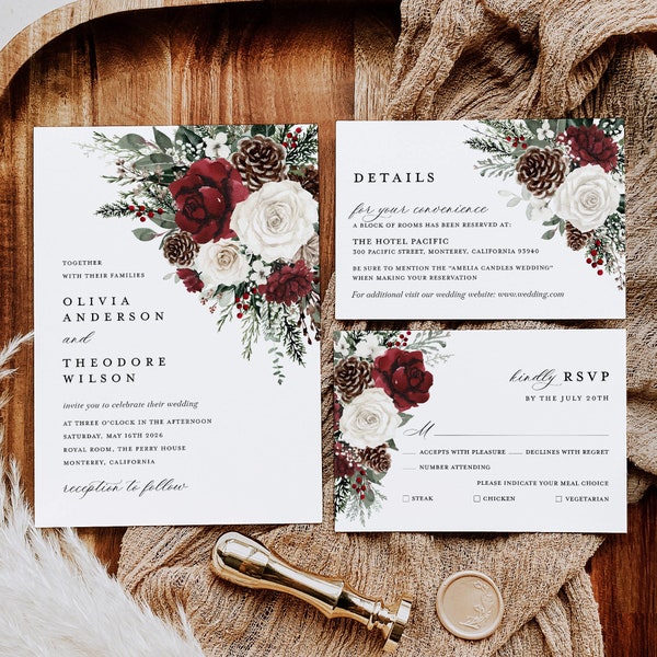 Winter Christmas Wedding Invitation Template Set, Burgundy Floral Wedding Invites Suite, Boho Rustic Forest Pine Rose RSVP Details Card