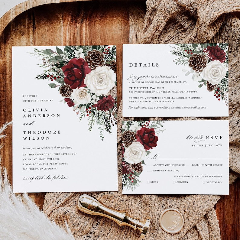 Winter Christmas Wedding Invitation Template Set, Burgundy Floral Wedding Invites Suite, Boho Rustic Forest Pine Rose RSVP Details Card image 1