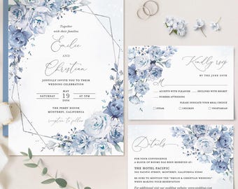 Dusty Blue Wedding Invitation Template, Boho Floral Wedding Invite Suite, Elegant Silver Geometric Details, Printable RSVP, Instant Download
