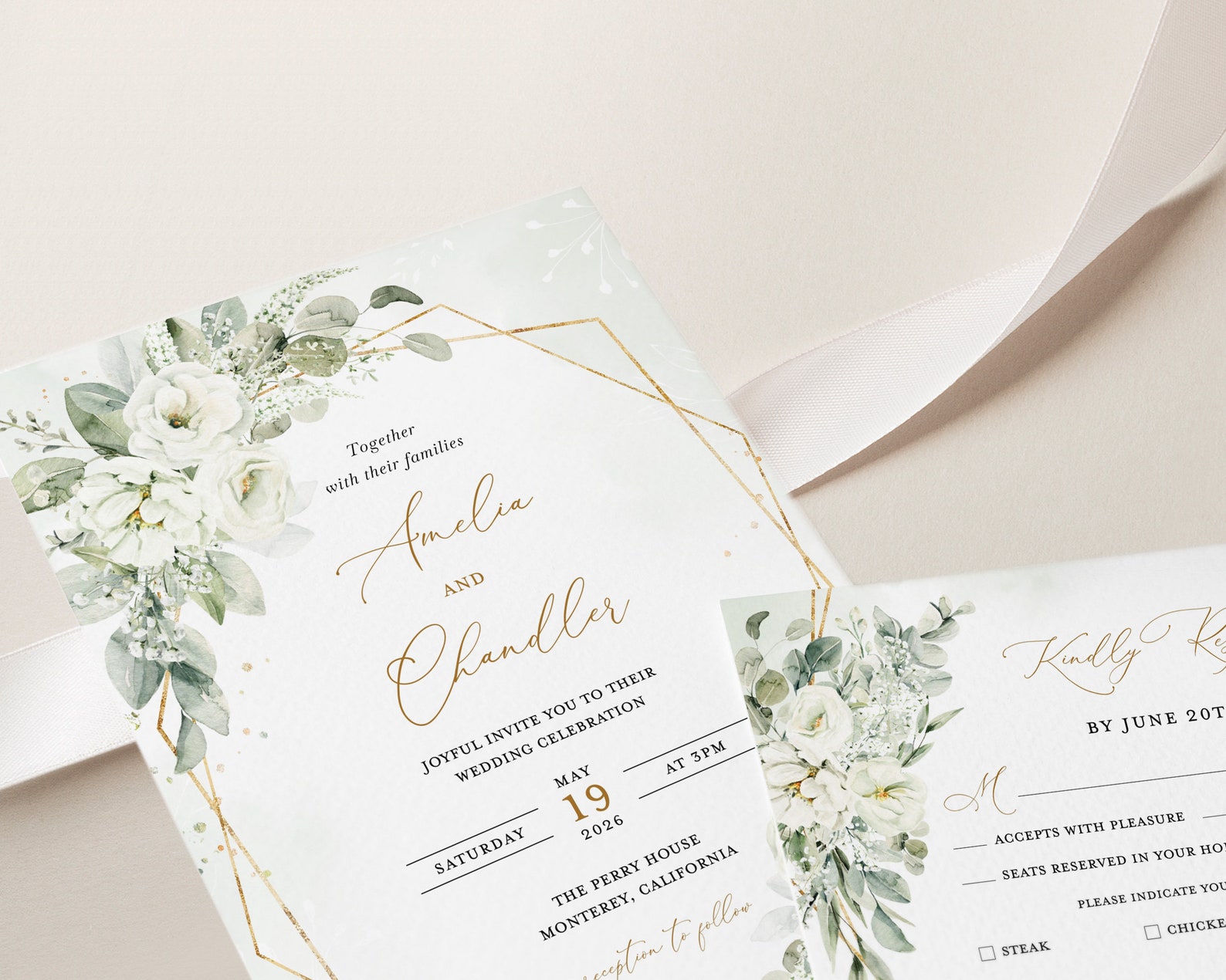 Sage Green Wedding Invitation Template Gold and White Floral Etsy