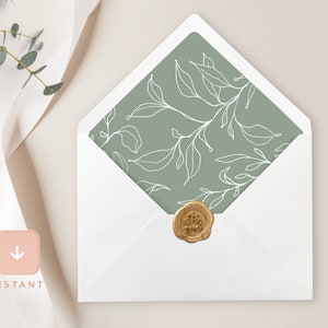 Minimalist Envelope Liner, Sage Green Boho A6 and A7 Euro flap & Square Flap Template, Printable DIY Greenery Wedding Envelope Liners