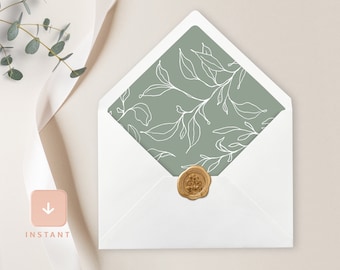 Minimalist Envelope Liner, Sage Green Boho A6 and A7 Euro flap & Square Flap Template, Printable DIY Greenery Wedding Envelope Liners