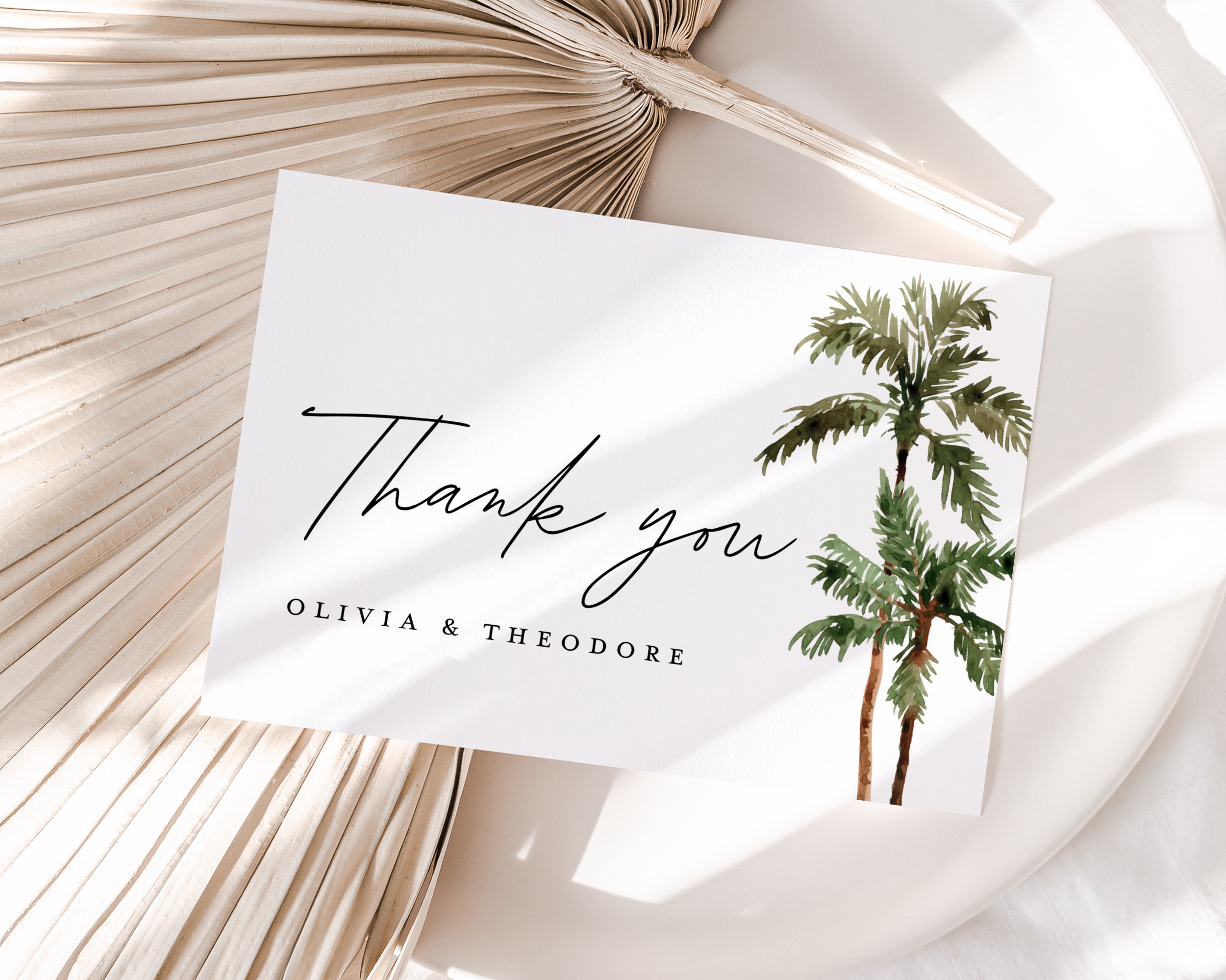 Palm Tree Wedding Thank You Card Template, Tropical Sage Thank You Note ...