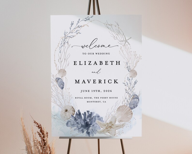 May include: A watercolor wedding welcome sign with a blue and white seashell and starfish design. The sign reads "Welcome to our wedding, Elizabeth and Maverick, June 19th, 2026, Royal Room, The Perry House, Monterey, CA."
