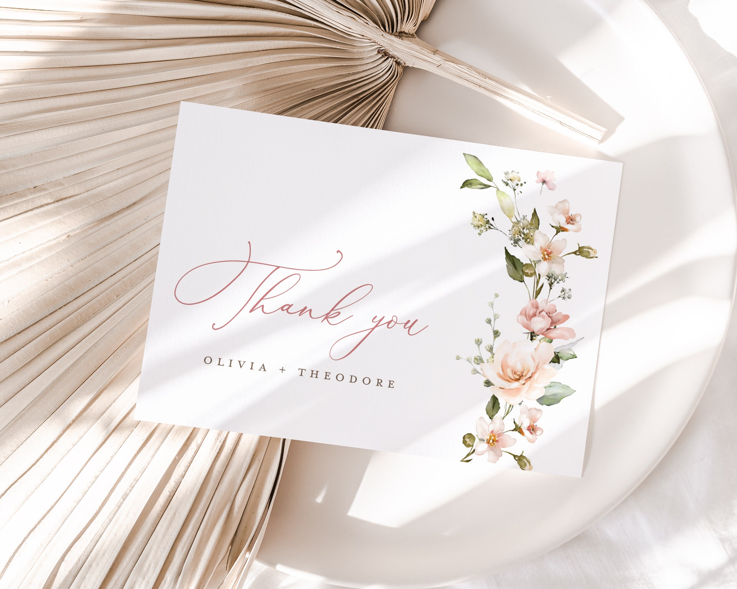 Boho Floral Wedding Thank You Card Template, Blush Pink Thank You Note ...