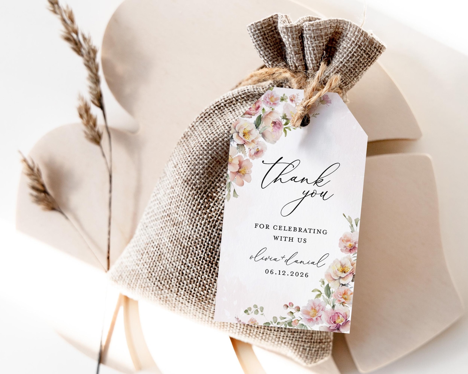Blush Pink Wedding Favors Tags Template, Boho Floral Thank You Tag ...
