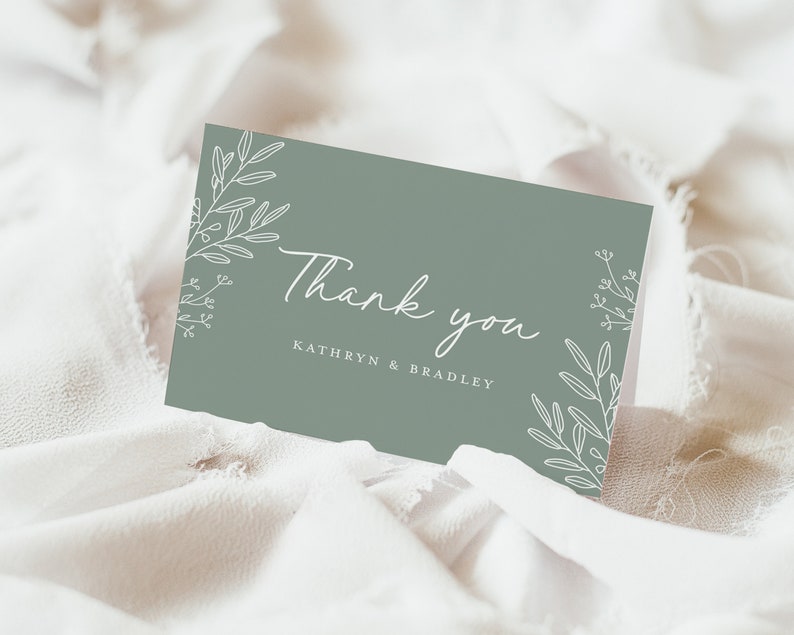 Sage Grüne Hochzeit Dankeskarten Vorlage, Minimalistische Grün Botanische Dankeskarte, Moderne Dankeschön Tischkarte, Download Bild 9
