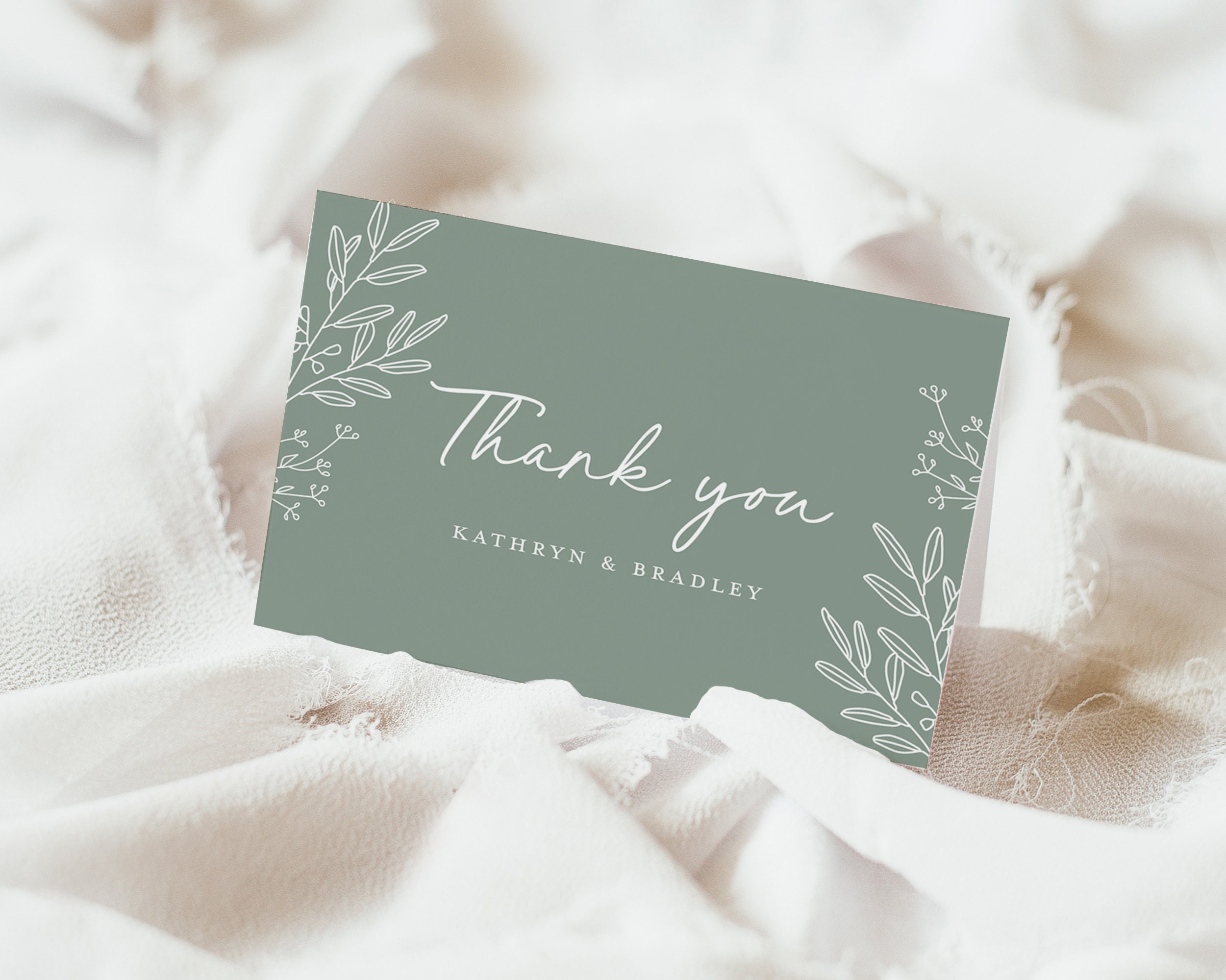 Sage Green Wedding Thank You Card Template, Minimalist Greenery ...