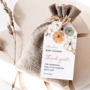 Little Pumpkin Thank You Favors Tags Template Baby Shower Editable Tag, Fall Autumn Rustic Neutral Baby Shower Printable Tags, Download