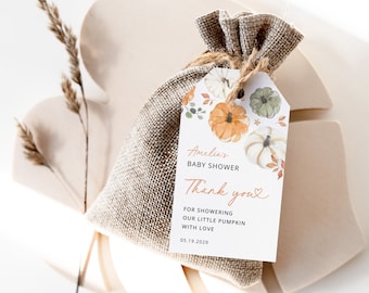 Little Pumpkin Thank You Favors Tags Template Baby Shower Editable Tag, Fall Autumn Rustic Neutral Baby Shower Printable Tags, Download