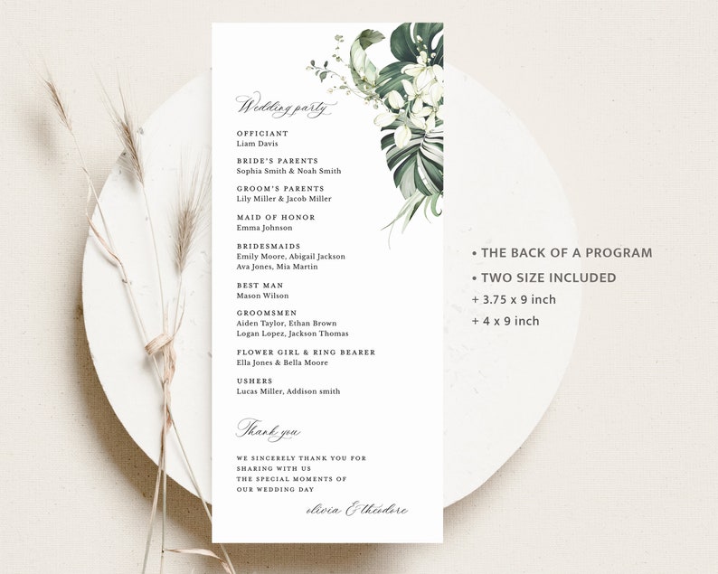 Tropical Wedding Programs Template, Monstera Ceremony Program, Boho Sage Palm Tree Destination Beach Itinerary, Printable, Instant Download image 4