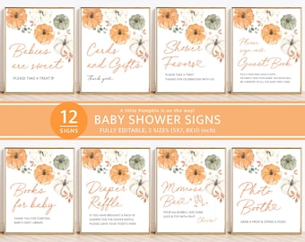 Little Pumpkin Baby Shower Signs Bundle Template, Printable Editable Sign Set, Fall Rustic Gender Neutral Baby Shower Decor Instant Download