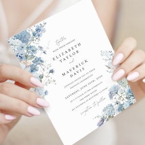 Dusty Blue Wedding Invitation Template, Boho Floral Wedding Invite Card, Printable Elegant Garden Light Steel Blue Invitations, Download image 4