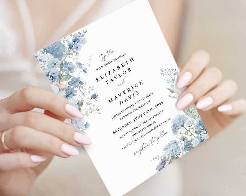 Dusty Blue Wedding Invitation Template, Boho Floral Wedding Invite Card, Printable Elegant Garden Light Steel Blue Invitations, Download image 4