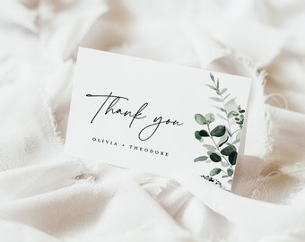 Sage Green Wedding Thank You Card Template, Greenery Botanical Thank You Note, Rustic Personalized Thank You Table Place Card, Download