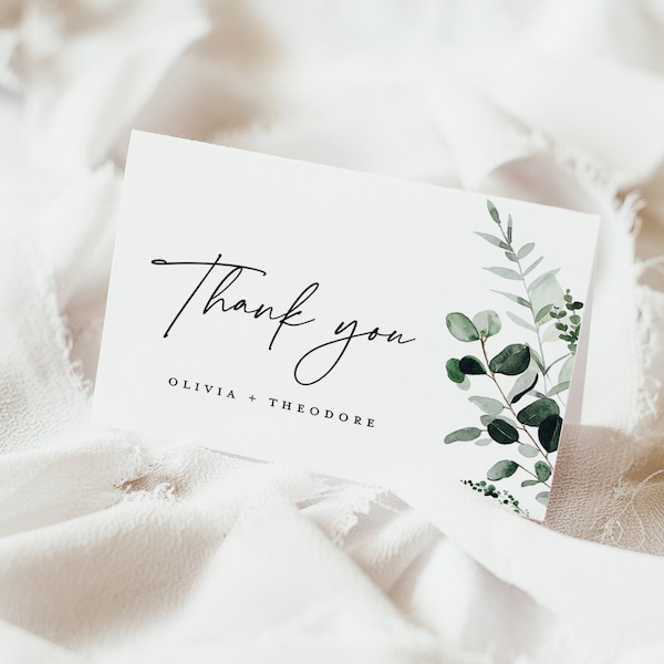 Sage Green Wedding Thank You Card Template, Greenery Botanical Thank You Note, Rustic Personalized Thank You Table Place Card, Download