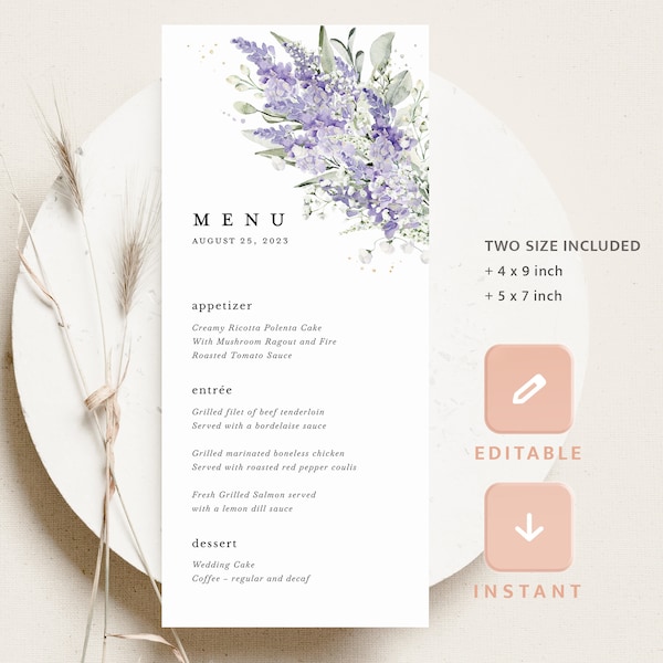 Lavender Wedding Menu Cards Template, Lilac Floral Reception Menu, Printable Boho Elegant Sage Greenery Flower Dinner Menu, Instant Download