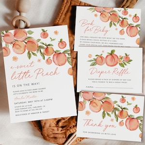Un modello di set di invito per baby shower dolce piccola pesca, pacchetto baby shower di agrumi rosa, inviti di fiori d'arancio modificabili stampabili Scarica