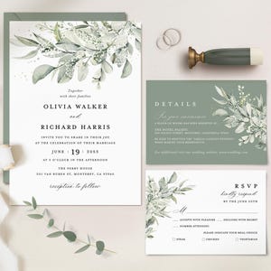 Sage Green Wedding Invitation Template, Boho Eucalyptus Wedding Invite Set, Elegant Minimal Greenery Details Card, Printable RSVP, Download