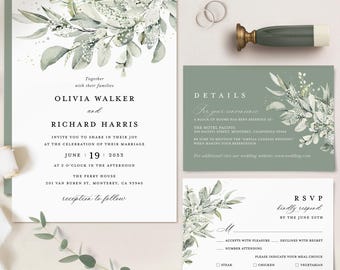 Modelo de convite de casamento verde-sálvia, conjunto de convites de casamento estilo boho eucalipto, cartão elegante com detalhes minimalistas de vegetação, RSVP para impressão, download