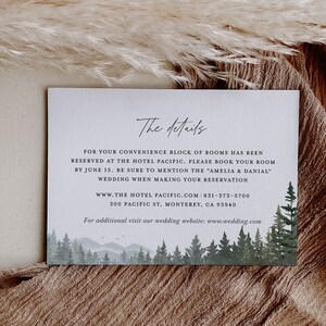 Modèle de carte de détails de mariage en montagne, carte d'hébergement en pin forestier, carte de clôture sauge rustique, insert de mariage, téléchargement