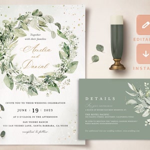 Modèle de faire-part de mariage verdure bohème, invitation de mariage élégante, ensemble de faire-part de mariage vert sauge, carte de mariage imprimable, détails, Ella