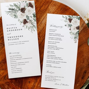 Salbei Grüne Hochzeitsprogramme Vorlage, Winter Zeremonie Programm, weisses Blumen Boho Rustikal Wald Kiefer Rose Printable Reiseplan, Download