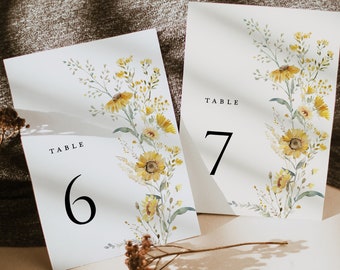 Sunflower Wedding Table Numbers Card Template, Boho Wildflower Table Numbers, Sage Yellow Floral Printable Table Number Cards, Download