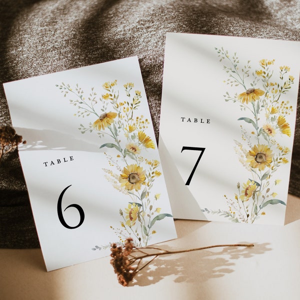 Sunflower Wedding Table Numbers Card Template, Boho Wildflower Table Numbers, Sage Yellow Floral Printable Table Number Cards, Download