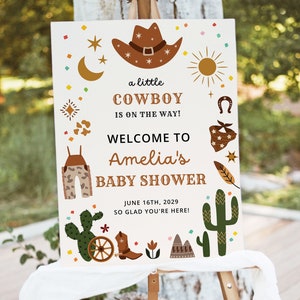 Little Cowboy Babyparty-Willkommensschild-Vorlage, Western-Babypartyschild, bearbeitbares Wild-West-Wüsten-Neutral-Babyparty-Poster, Download