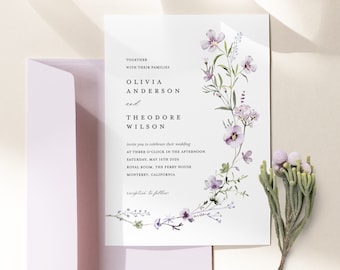 Lavender Wedding Invitation Template, Sage Green Wedding Invite, Purple Wildflower Wedding Invitation, Printable Greenery Wedding Card, Lana