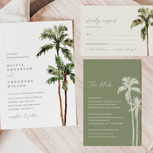 Palm Tree Wedding Invitation Template Set, Destination Beach Tropical Wedding Invite Suite, Boho Sage Details Card, Printable RSVP, Download image 2