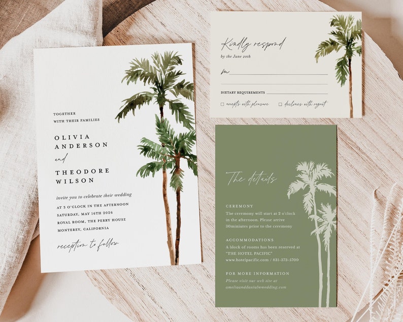 Palm Tree Wedding Invitation Template Set, Destination Beach Tropical Wedding Invite Suite, Boho Sage Details Card, Printable RSVP, Download image 2