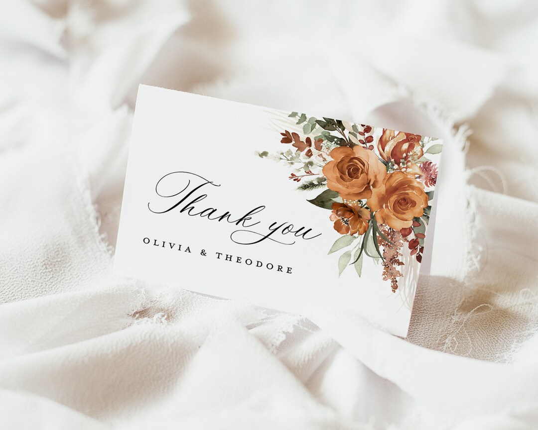 Boho Terracotta Wedding Thank You Card Template, Floral Thank You Note ...