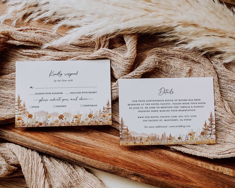 Fall Mountain Wedding Invitation Template Set, Wildflower Terracotta Forest Wedding Invite Suite, Rustic Details Card, RSVP, Download image 5