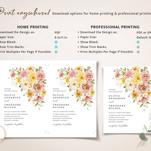Pode incluir: Um modelo de convite de casamento com um design floral com flores rosa, amarelas e brancas. O texto no convite diz "Juntos com suas fam&iacute;lias Olivia Anderson e Theodore Wilson".
