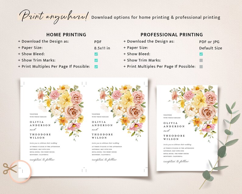Pode incluir: Um modelo de convite de casamento com um design floral com flores rosa, amarelas e brancas. O texto no convite diz "Juntos com suas fam&iacute;lias Olivia Anderson e Theodore Wilson".