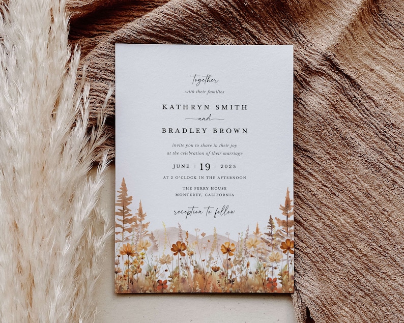 Fall Mountain Wedding Invitation Template Set, Wildflower Terracotta Forest Wedding Invite Suite, Rustic Details Card, RSVP, Download image 6