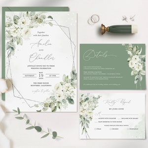 Salie witte bloemen bruiloft uitnodiging sjabloon, zilveren groen bruiloft uitnodigen set, elegante Boho details kaart, afdrukbare geometrische RSVP